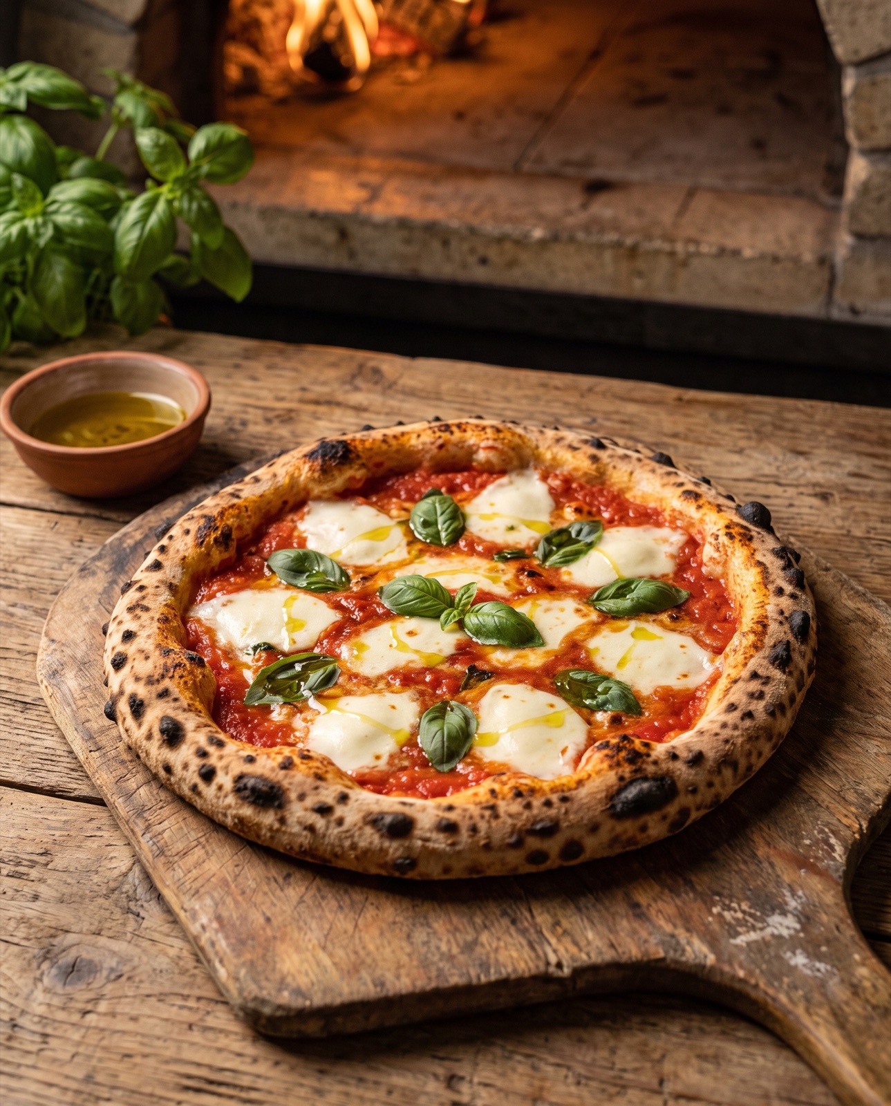 A wood-fired Neapolitan pizza from Dominic's Cucina with a blistered crust