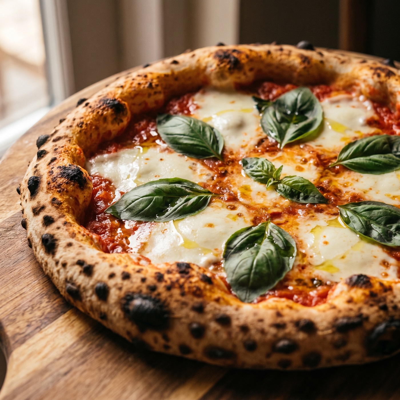 A Margherita pizza fresh off the fire