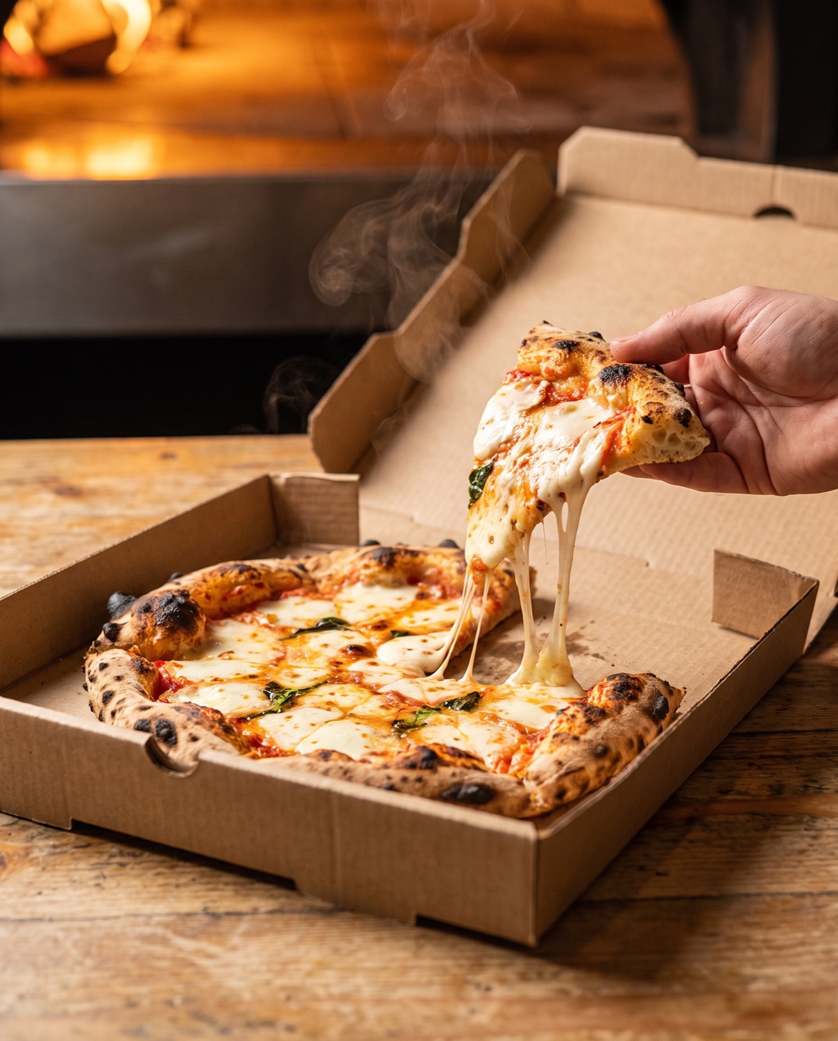 A freshly boxed pizza from Dominic's Cucina